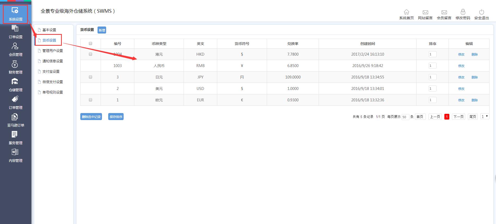 海外倉(cāng)系統(tǒng)后臺(tái)管理系統(tǒng)設(shè)置貨幣設(shè)置