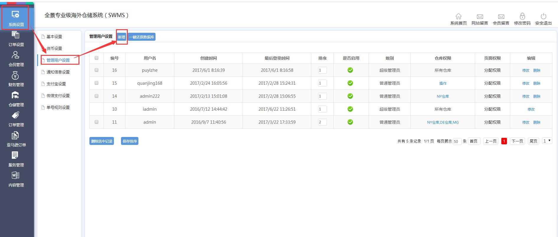 海外倉(cāng)系統(tǒng)后臺(tái)管理系統(tǒng)設(shè)置管理用戶(hù)設(shè)置
